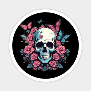 Skull with Flower Roses and Butterflies Magnet